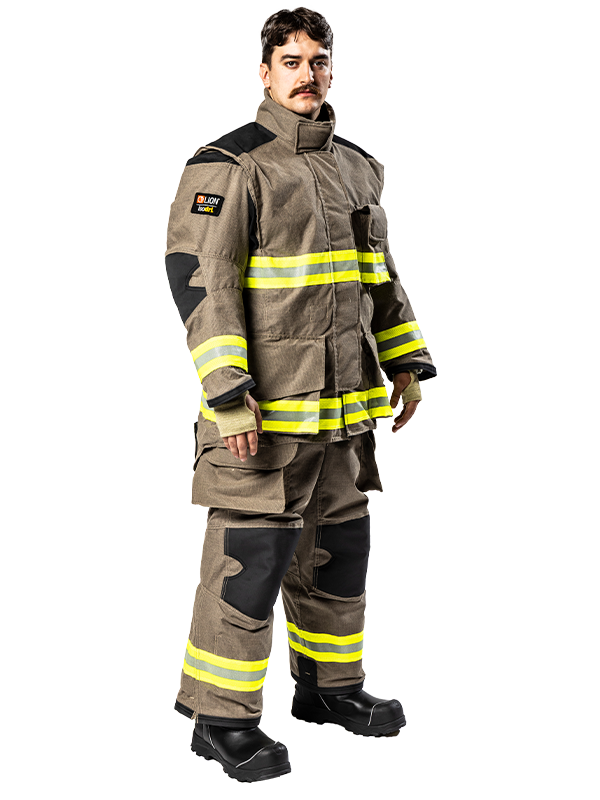 Front view of LION V-Force EVO turnout coat and pants with reflective trim